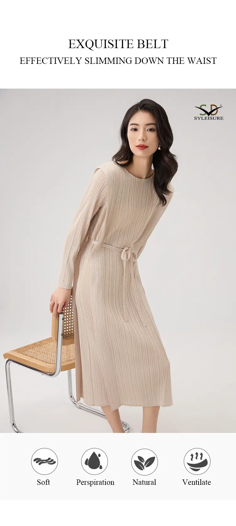 Women's Pleated Long - Sleeve Midi Dres (3)