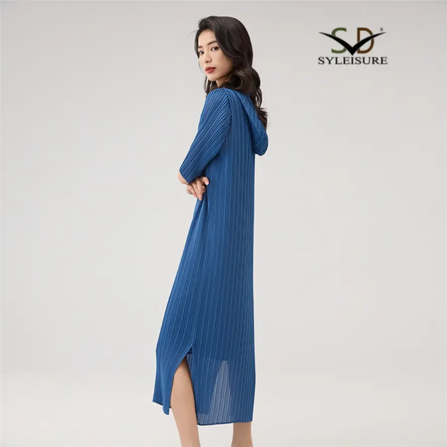 Women's Casual Blue Hooded Pleated Mi...