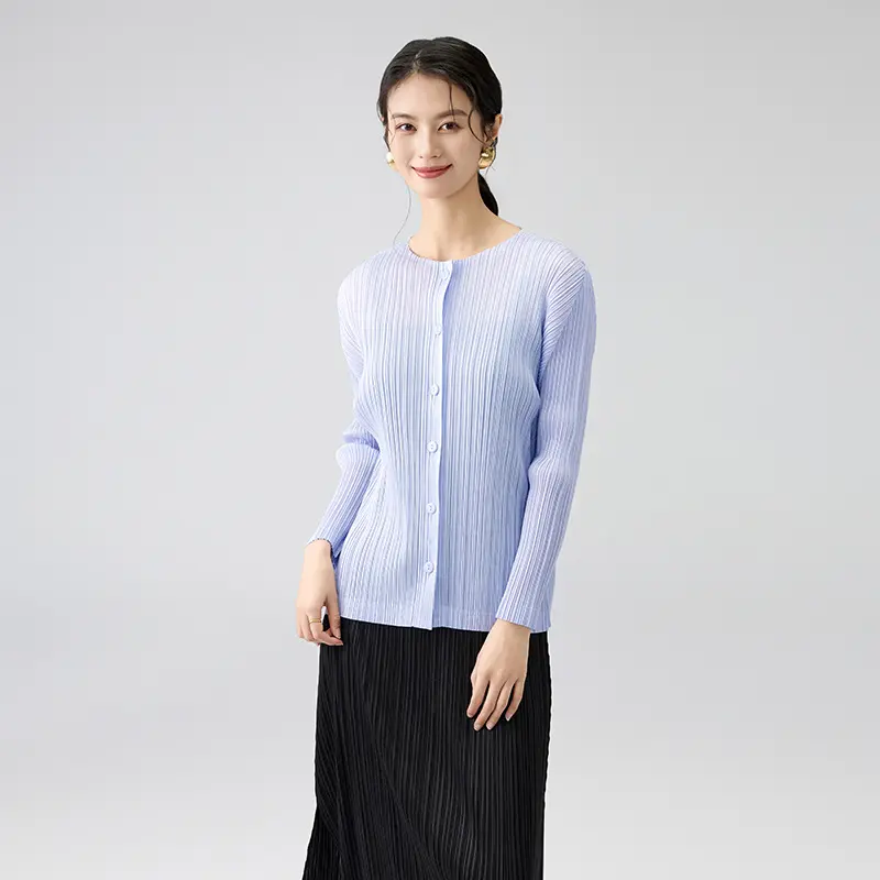 Pleated Long Sleeve Button Up Cardigan