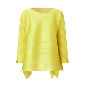 Women’s Pleated Long Sleeve Top – Asymmetrical Hem Blouse in Lemon Yellow