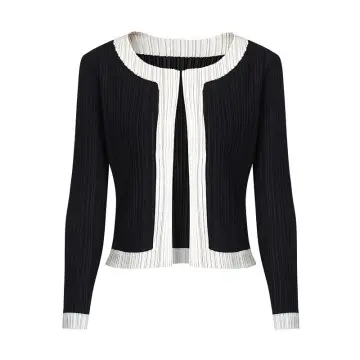 Elegant Pleated Contrast Trim Cardigan Jacket