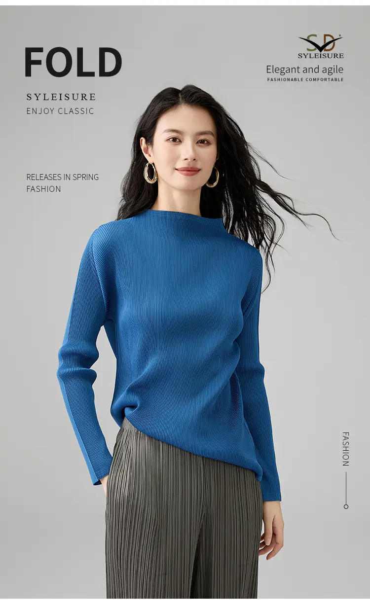 Women's Pleated Long - Sleeve Mock Neck Top (5)