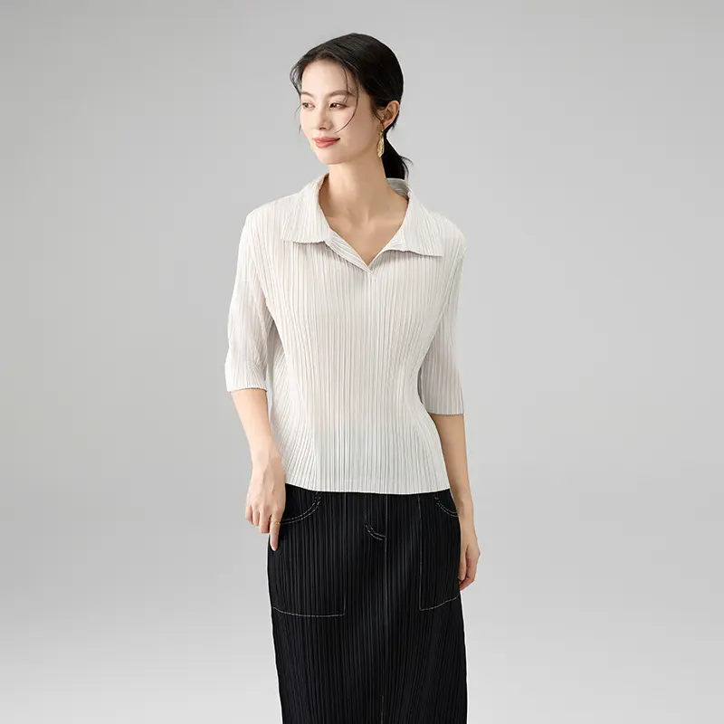 Women’s Pleated Half Sleeve Polo Collar Top – Elegant Casual Blouse