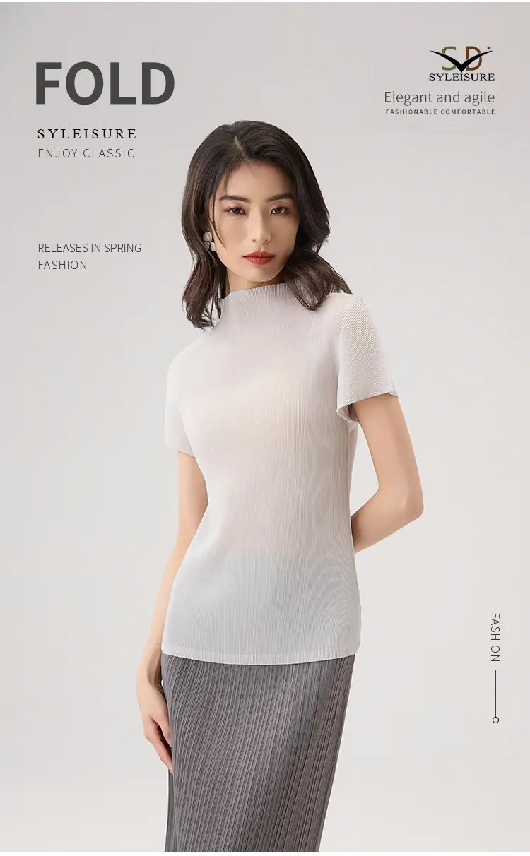 Women's Pleated Short - Sleeve Mock Neck Top (5)