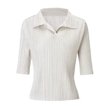 Women’s Pleated Blouse – Collared Half-Sleeve Slim Fit Top
