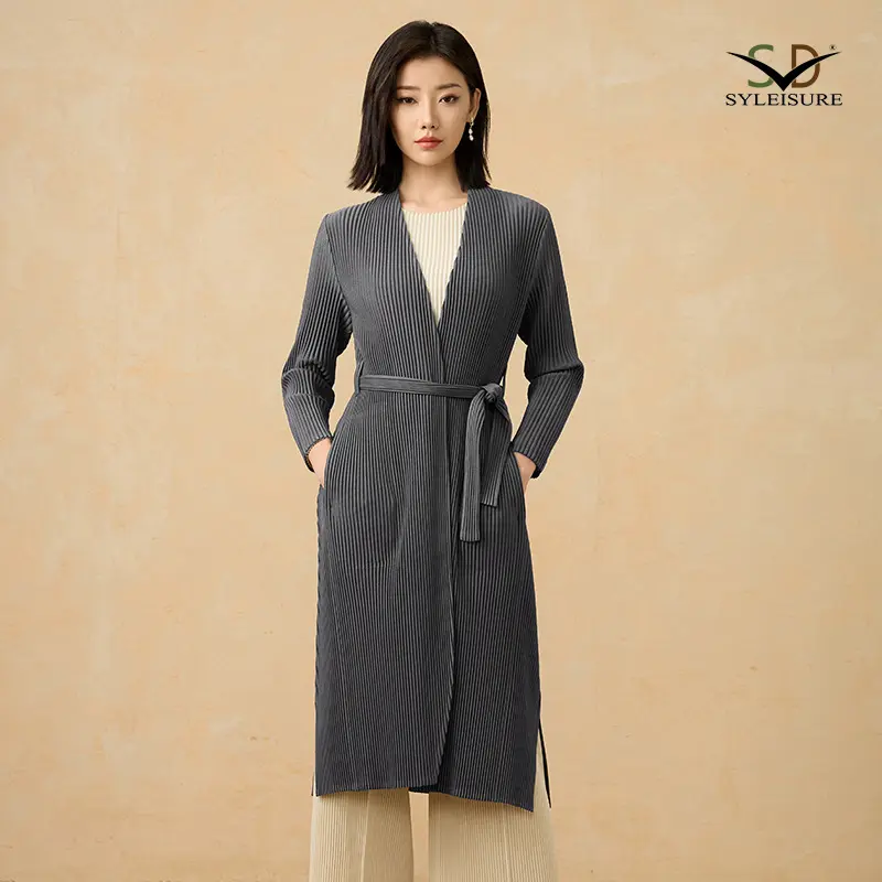 Women's Pleated Long Belted Coat