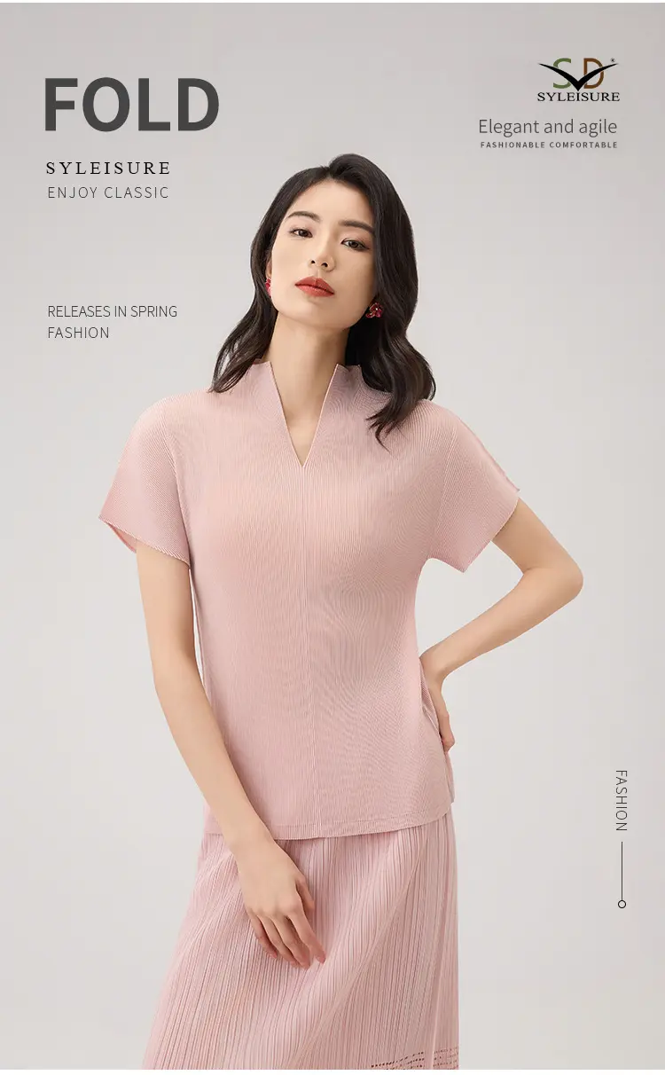 Women's Pleated Short - Sleeve V - Neck Top (5)