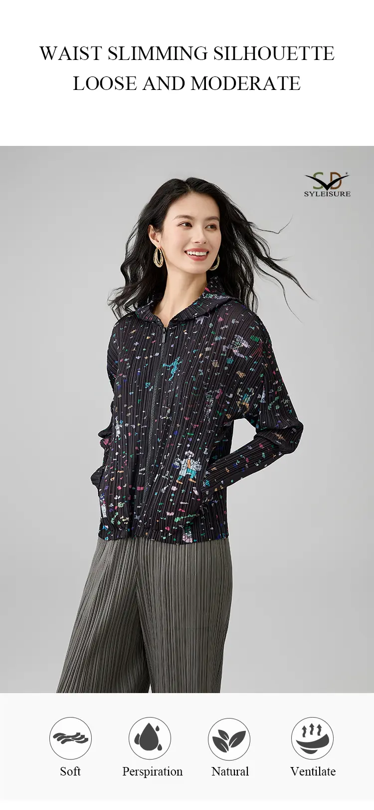 Women's Pleated Printed Hooded Jacket (7)