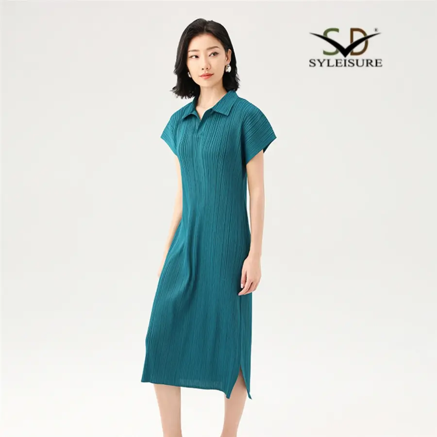 Women's Polo Neck Short Sleeve Pleate...