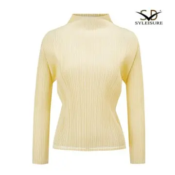 Women's Turtleneck Long Sleeve Pleated Slim Fit Top