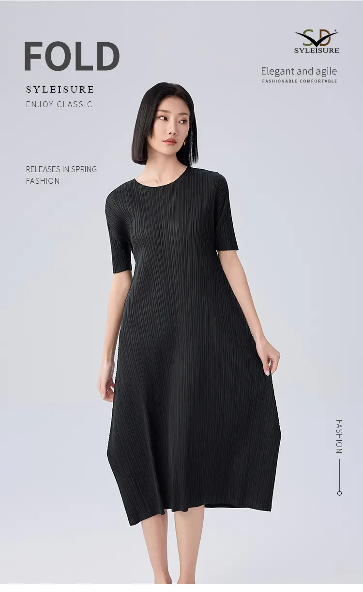 Women's Pleated Short - Sleeve Midi Dress (5)