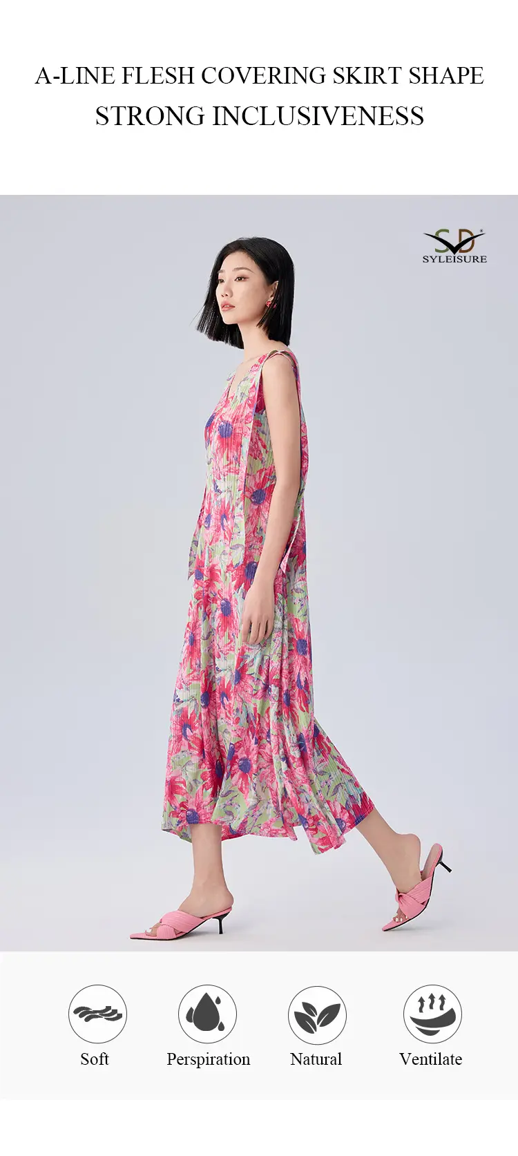 Women's Floral - Printed Pleated Sleeveless Midi Dress (7)