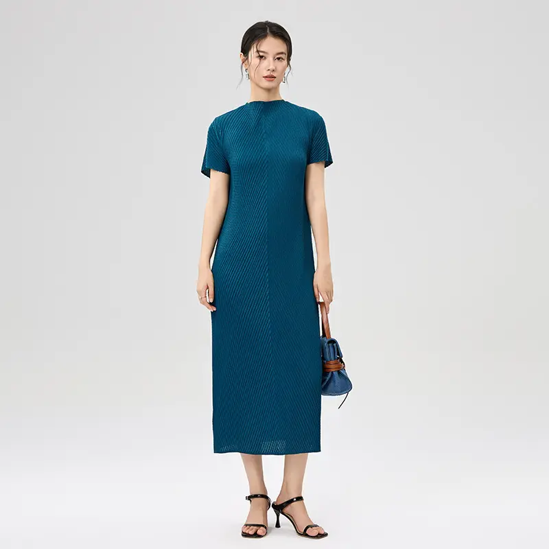 Women’s Dark Blue Pleated Midi Dress ...