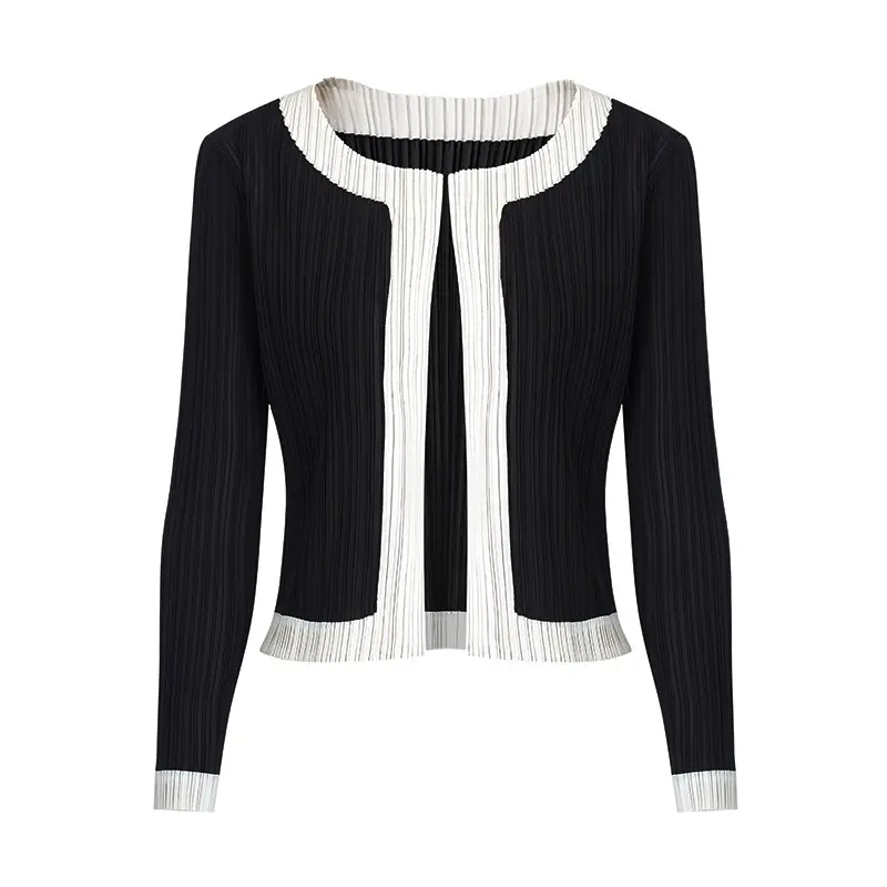 Elegant Pleated Contrast Trim Cardigan Jacket (1).jpg