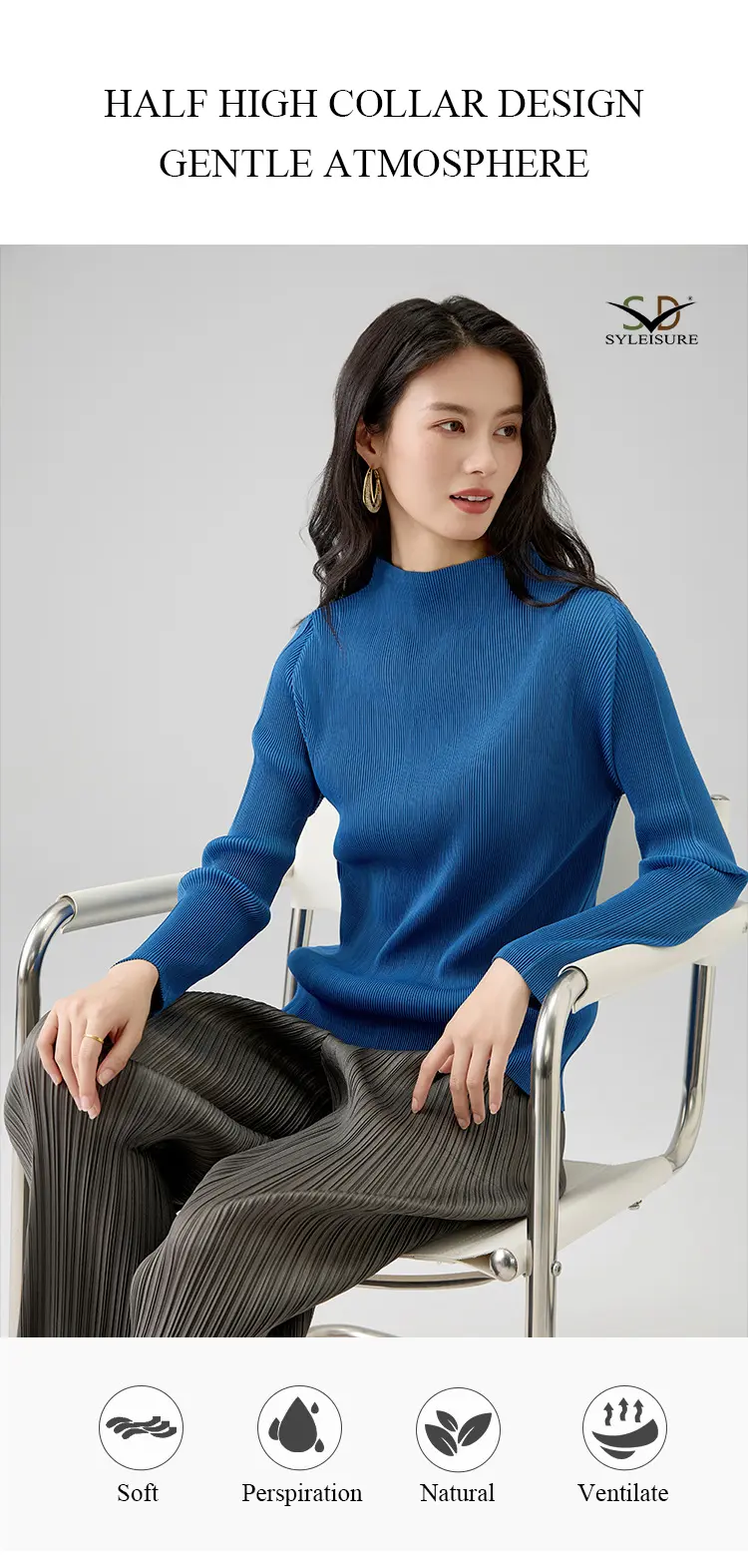 Women's Pleated Long - Sleeve Mock Neck Top (8)