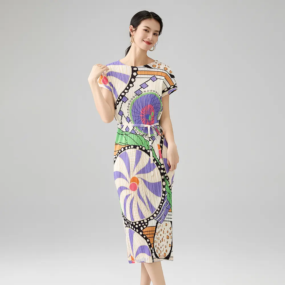 Women’s Abstract Print Pleated Midi D...